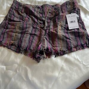 Free People Striped Frayed-Hem Button Shorts in Pink and Gray